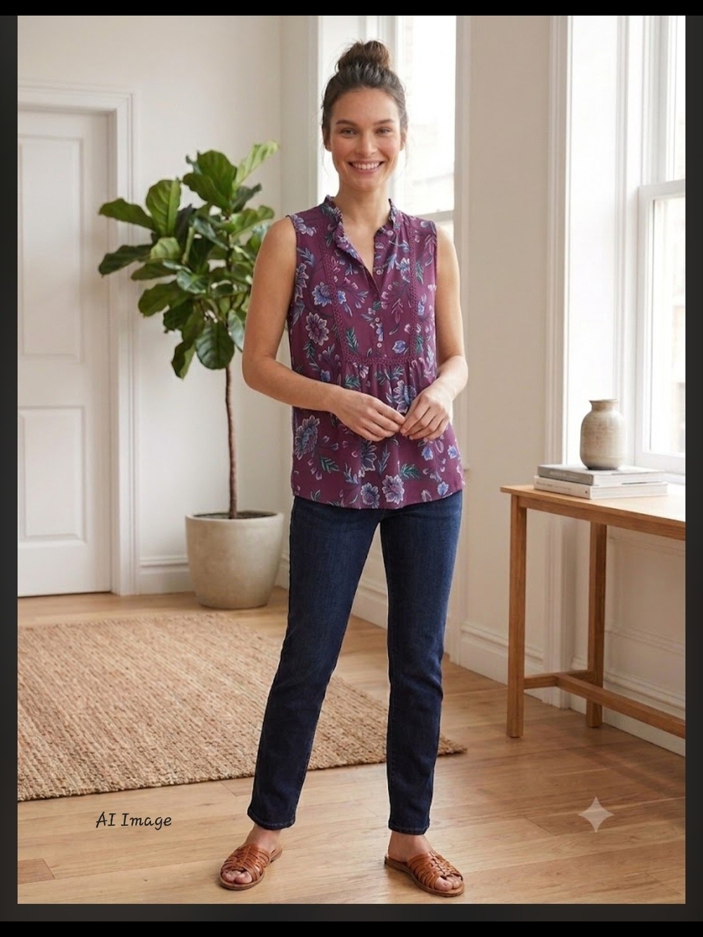 LOFT Plum Floral Sleeveless Peasant Top